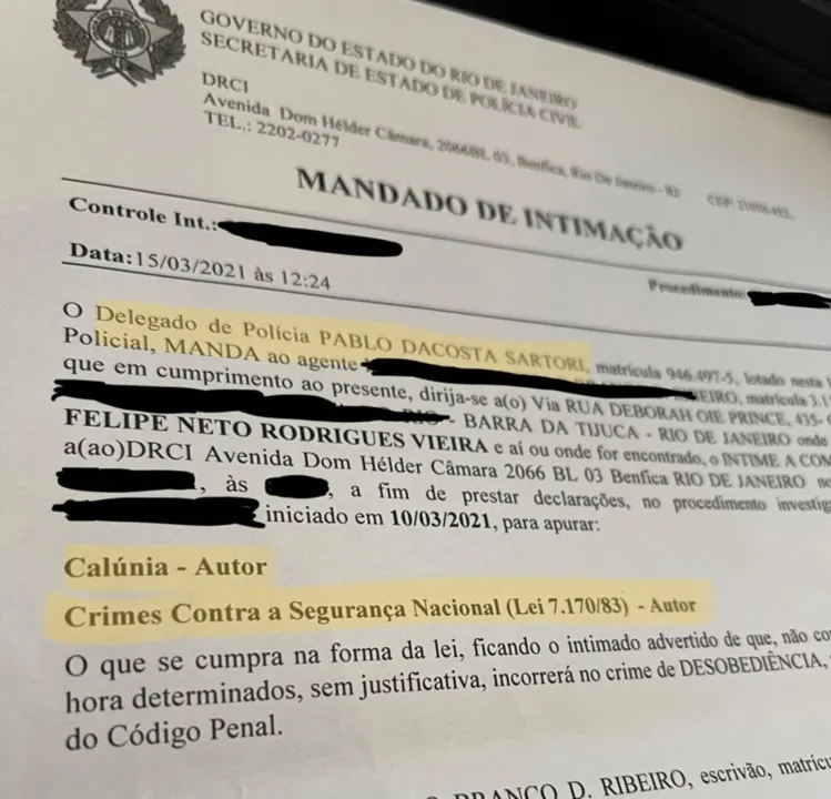 Imagem ilustrativa da imagem Felipe Neto é intimado contra segurança nacional