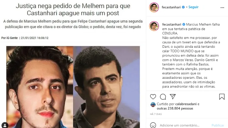 Publicação de Castanhari em que ele critica Melhem