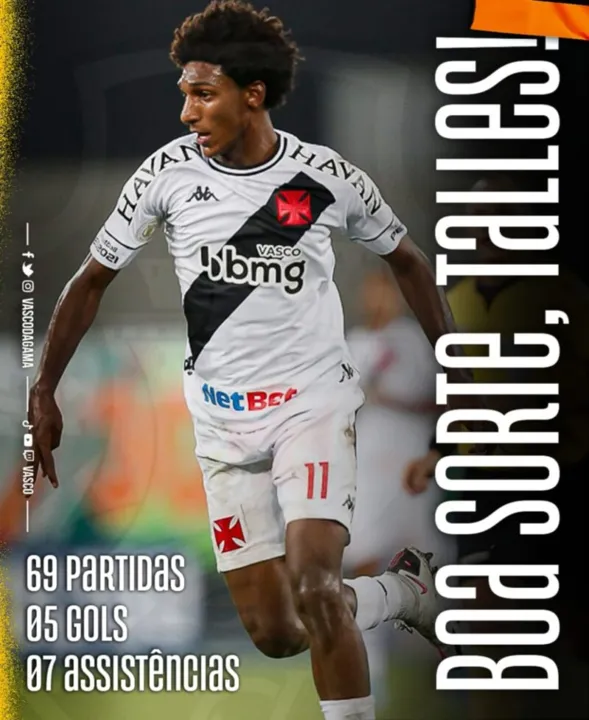 Talles disputou 69 jogos pelo Vasco, marcando 5 gols