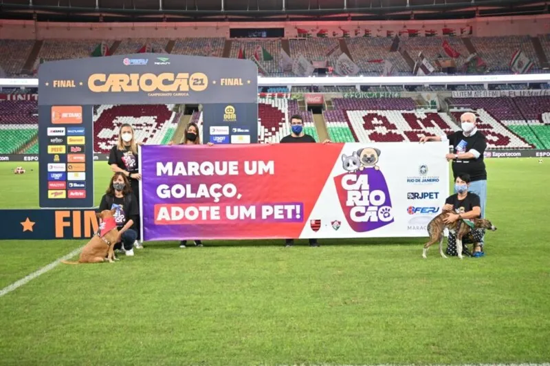 Os cães encantaram os jogadores do clássico carioca. 