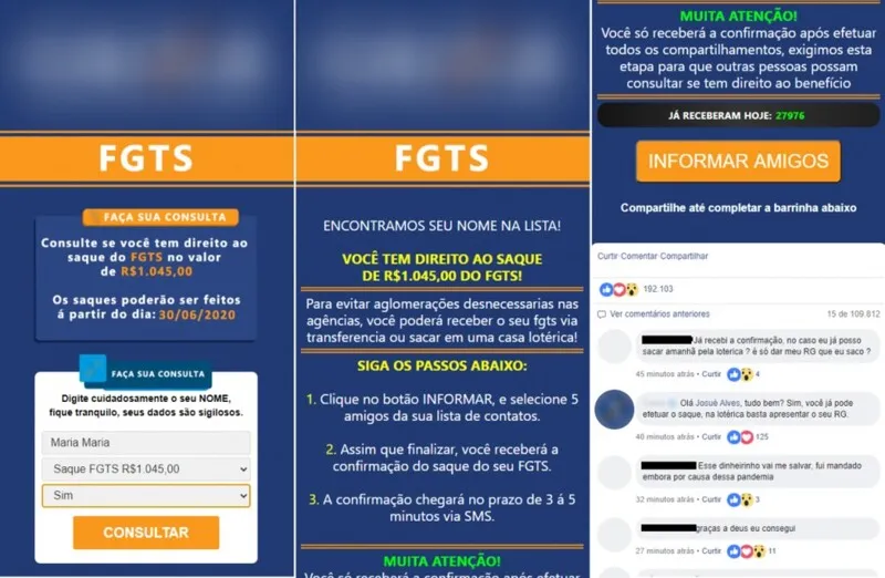 Imagem ilustrativa da imagem Alerta: Golpe que promete saque do FGTS já soma mais de 10 mil acessos e compartilhamentos