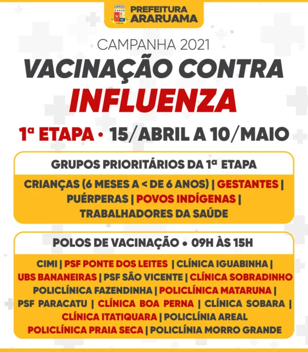 A primeira etapa da vacinação inicia nessa quinta-feira, 15, e vai até o dia 10 de maio