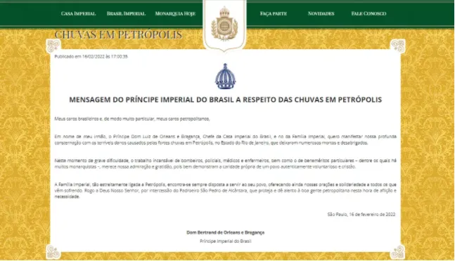 A carta aberta postada na internet seria uma forma da família imperial se posicionar sobre os ocorridos em Petrópolis