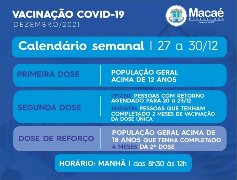 Confira o calendário semanal de vacinação contra a Covid-19 nas redes sociais e site oficial da prefeitura