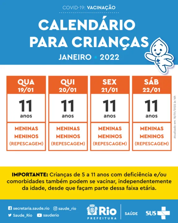 Rio informa que não vacina crianças de 10 anos amanhã (19) por escassez de imunizantes