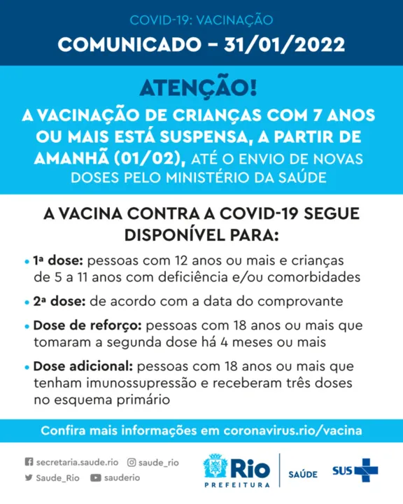 Rio anuncia suspensão da vacinação por falta de doses