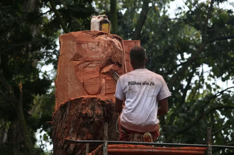 Tronco de eucalipto está sendo esculpido para se transformar em figura religiosa
