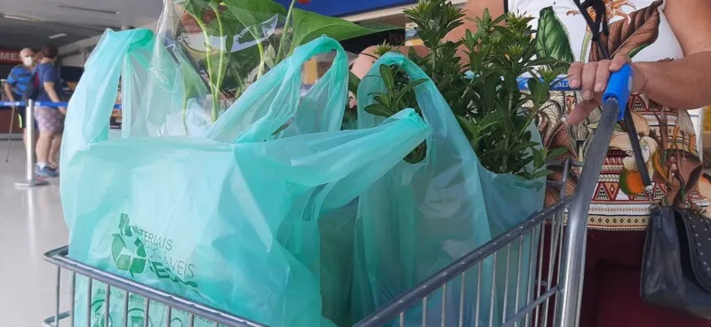 As sacolas plásticas deste estabelecimento valem R$ 0,11 cada