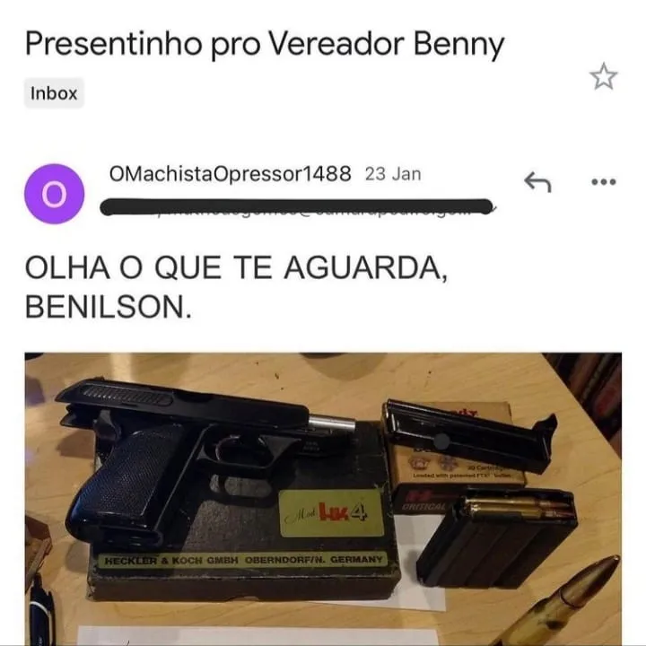 E-mail anônimo enviado a Benny no último domingo (23)