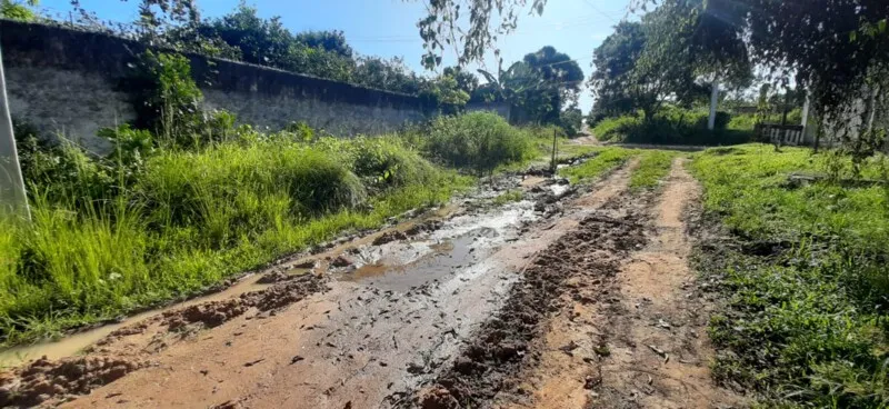Na rua, um vazamento de esgoto e de um mangue próximo deixam a rua sempre molhada e com lama