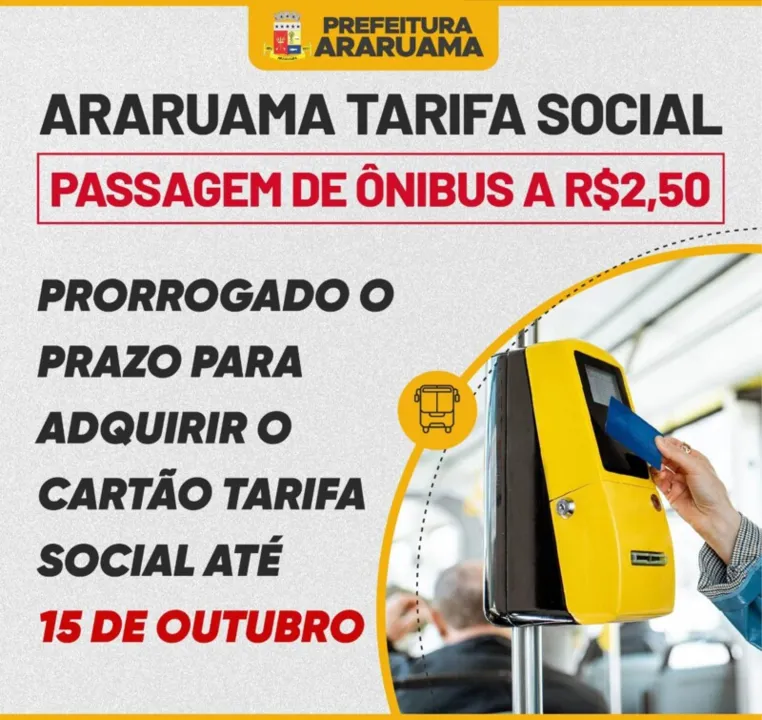 Agora, foi prorrogado até o dia 15 de outubro o prazo para o morador adquirir o cartão “Araruama Tarifa Social”