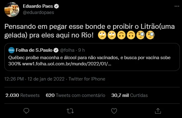 Prefeito brinca nas redes sociais, sobre não vender cerveja para não imunizados
