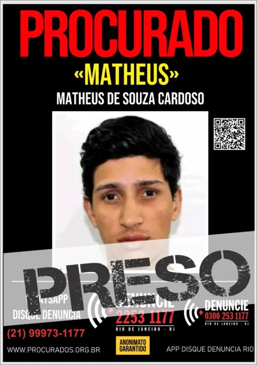 Matheus de Souza Cardoso estava foragido e foi localizado em um centro espírita no município de Belford Roxo