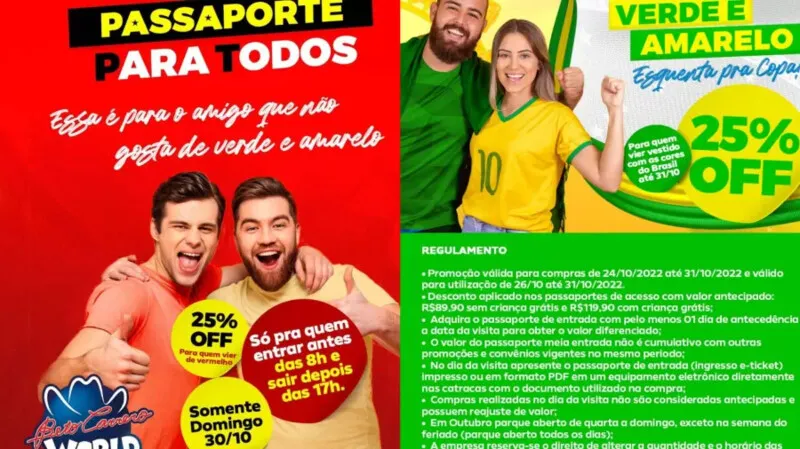 O parque postou anúncio de desconto para quem usar verde e amarelo e anúncio em forma de piada para petistas