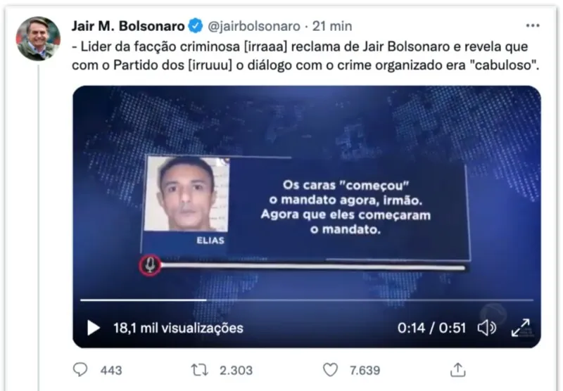 No tweet, Bolsonaro usa trecho descontextualizado de reportagem para acusar petista de ligação com PCC