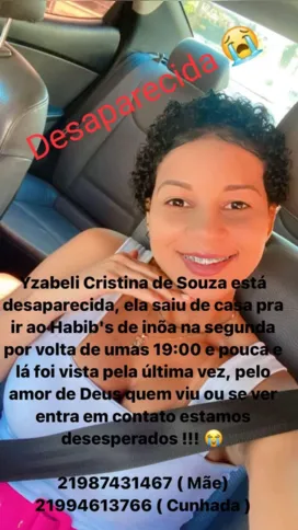 Família confirma que corpo é de Yzabeli Cristina de Souza. Polícia ainda não confirma