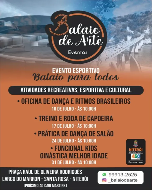 Até o final deste mês, o evento terá outras atividades, com dança de salão com os professores Hugo Belmont e Úrsula Jeremias; "funcional kids", com Bruno Caldeira; roda de capoeira com mestra "Baixinha"