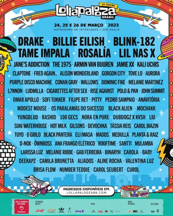 Line-up do Lollapalooza, que acontecerá nos dias 24, 25 e 26 de março de 2023, no Autódromo de Interlagos (SP).
