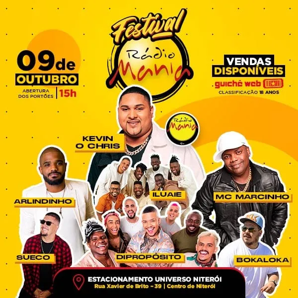 A programação do FESTIVAL MANIA vai receber Kevin o Chris, Di Propósito, Mc Marcinho, Arlindinho, Iluaie, BokaLoka e Sueco