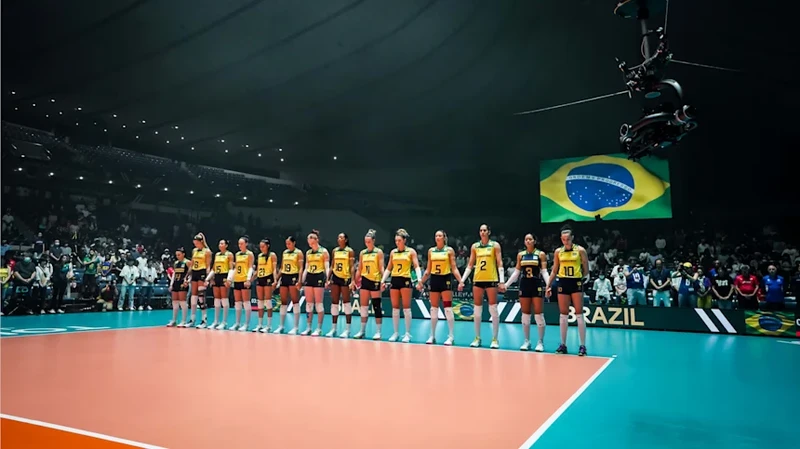 Seleção brasileira antes de enfrentar a Turquia no Pré-Olímpico de Vôlei Feminino 2023.