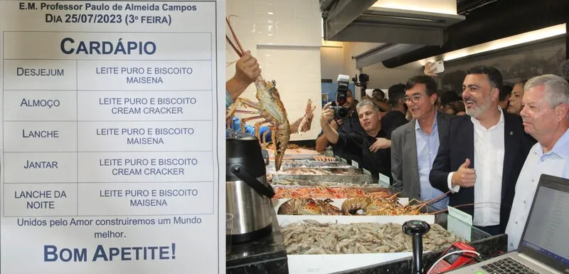 Enquanto crianças tiveram alimentos limitados em escola de Niterói na terça-feira, prefeito da Cidade aproveitou uma mesa farta na inauguração do Marcado Municipal na quinta