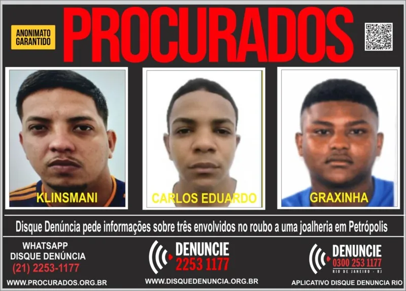 Eles são os principais suspeitos de roubar uma joalheria, no dia três de maio deste ano, na Rua Paulo Barbosa, no Centro de Petrópolis