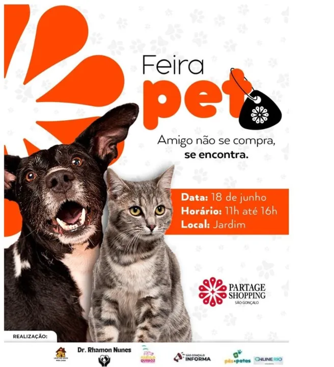 A Feira de Adoção Pet é uma realização do projeto 'Leve um Anjo pra casa', em conjunto com o Partage São Gonçalo