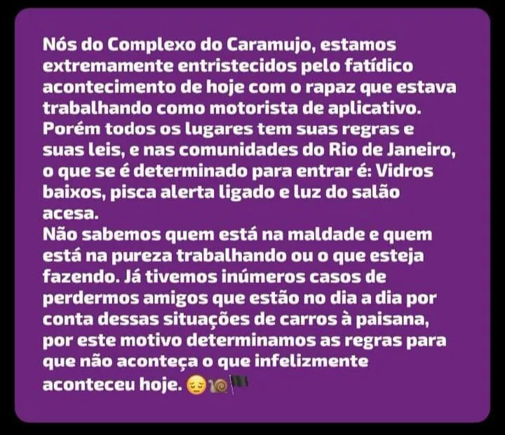 Texto divulgado  em comunidade do Caramujo 'lamenta' morte, mas afirma que motorista 'não cumpriu normas'