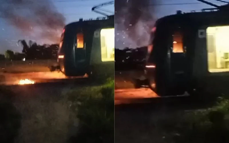 Um trem da SuperVia foi queimado nesta segunda-feira, na altura da estação Tancredo Neves, na Zona Oeste do Rio