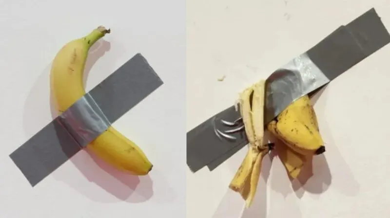 Depois de comer a banana, o estudante prendeu a casca com a fita adesiva , por achar engraçado