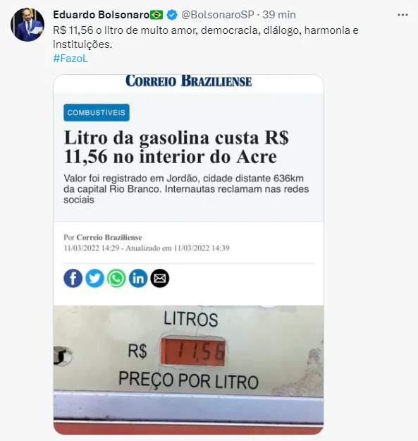 Eduardo 'esqueceu' de observar a data do material, que é de março de 2022, quando seu pai era presidente.