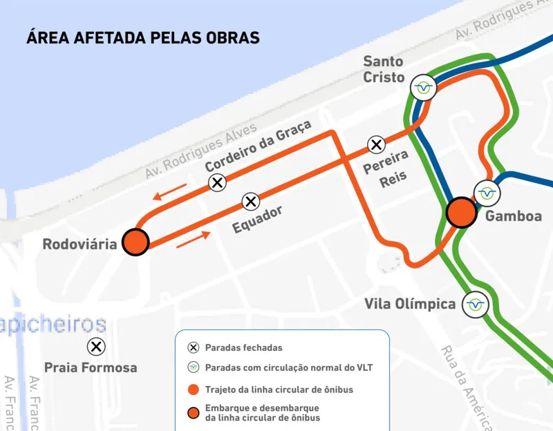 O serviço terá pontos de embarque e desembarque na estação Rodoviária e na altura da parada Gamboa