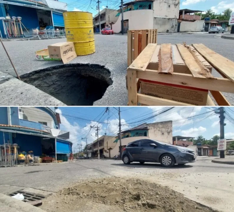 Antes e depois do buraco no bairro do Jardim Catarina