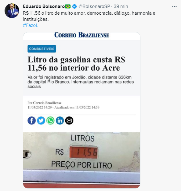 Eduardo critica gasolina a R$ 11,56 com texto da gestão Bolsonaro