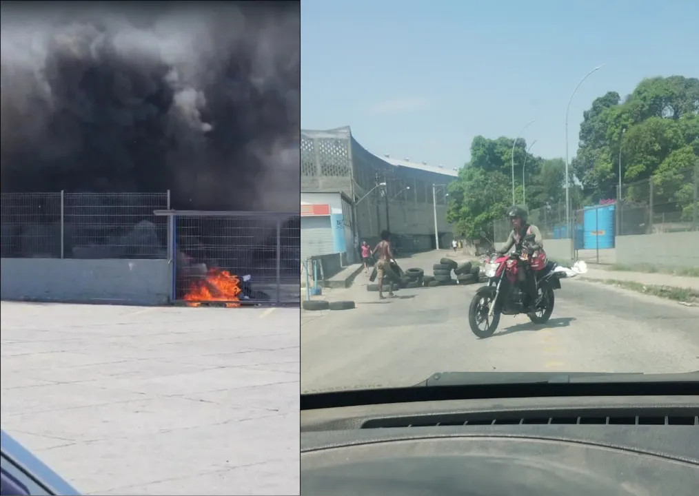 Pneus incendiados foram colocados na esquina entre RJ-104 e rua Waldemar Figueiredo