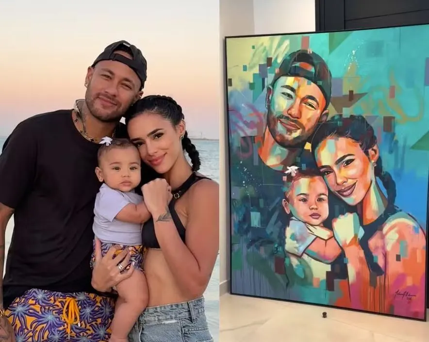 Bruna Biancardi mostrou quadro que ganhou em que retrata uma foto dela com Neymar e a filha do casal, Mavie