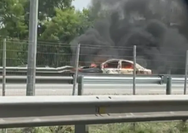 Carro pegou fogo após colidir contra defensa metálica
