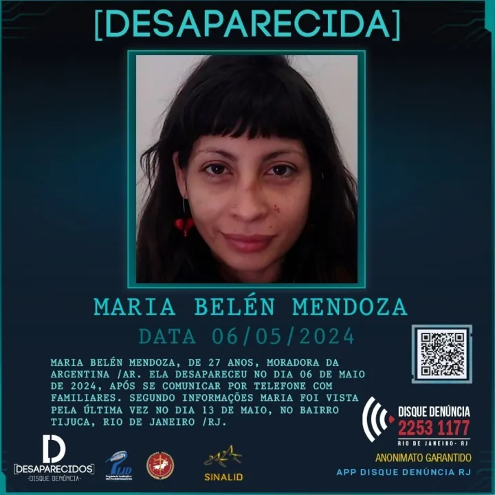 Moradora de Mar Del Plata, na Província de Buenos Aires, Maria Belén Mendoza, de 27 anos, está desaparecida desde o dia 06 de maio