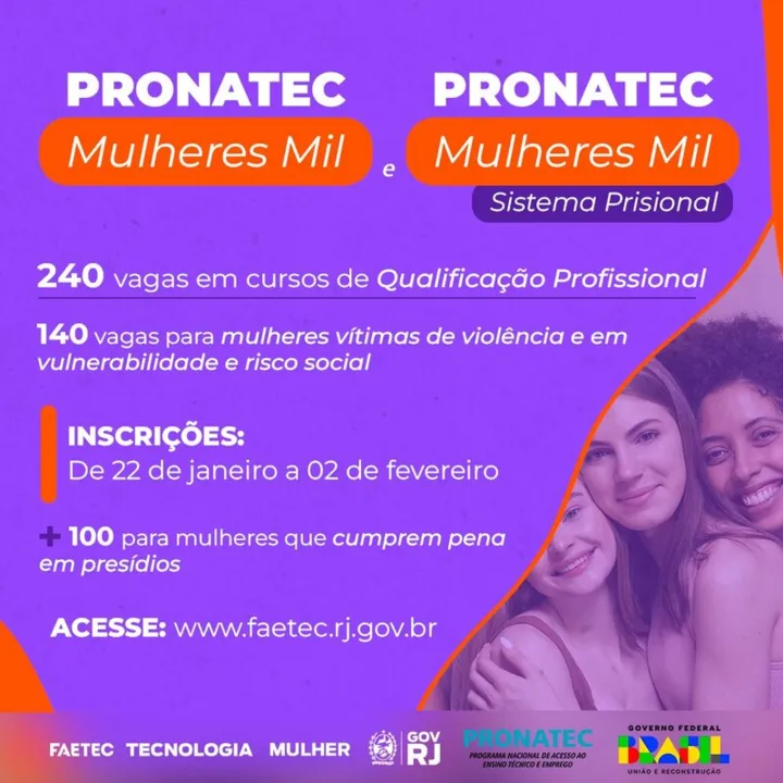 A oferta acontece por meio do Programa Pronatec Mulheres Mil, em parceria com a Secretaria de Estado da Mulher