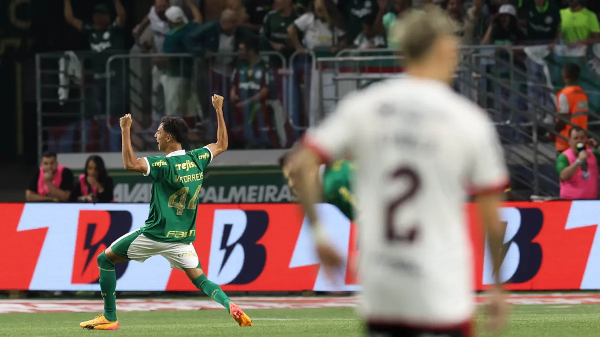 O jogador Vitor Reis, da SE Palmeiras, comemora seu gol contra a equipe do CR Flamengo, durante partida válida pelas oitavas de final, da Copa do Brasil, na arena Allianz Parque. (Foto: Cesar Greco/Palmeiras/by Canon)