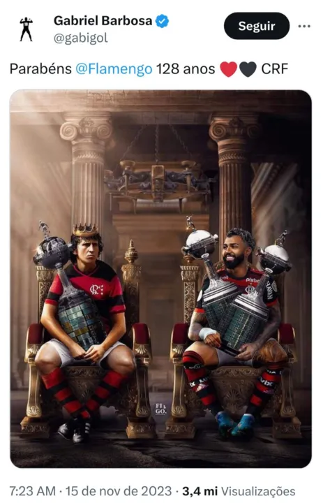 Na imagem, Zico e Gabi estão em um trono e carregam suas respectivas taças da Libertadores