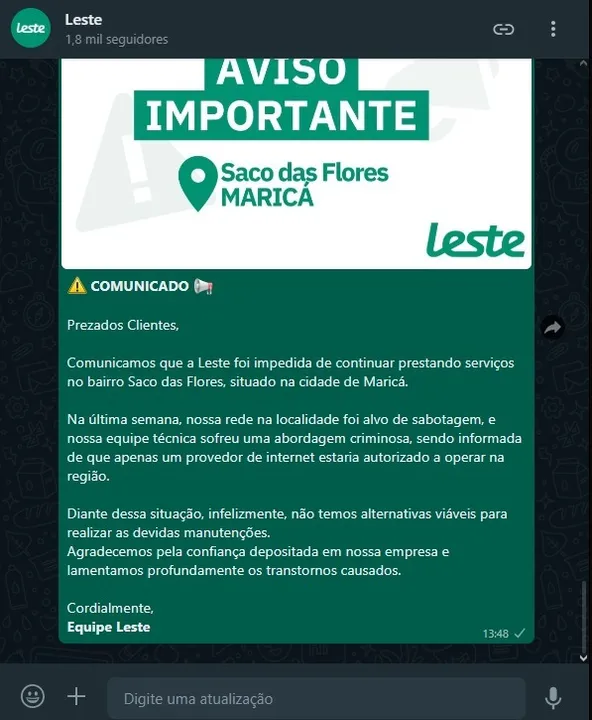 Em nota, a Leste explicou que seus técnicos foram abordados por criminosos e informados de que apenas outro provedor estaria autorizado a fornecer internet no bairro