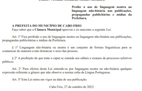 Prefeita de Cabo Frio sanciona lei que proíbe o uso de linguagem neutra em repartições públicas e em escolas