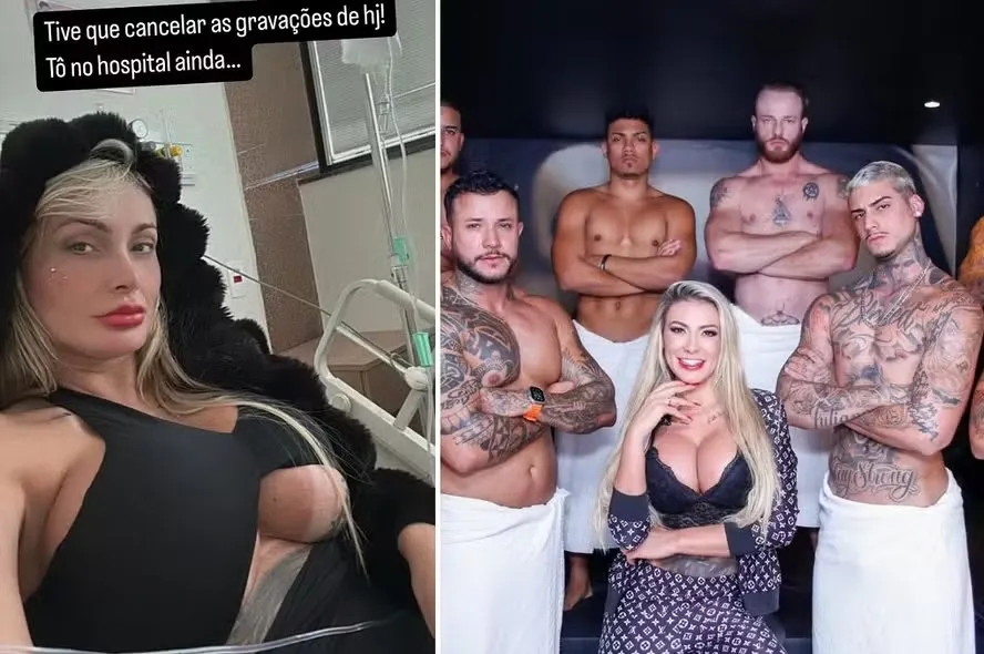 Andressa Urach posa com os homens com quem gravou