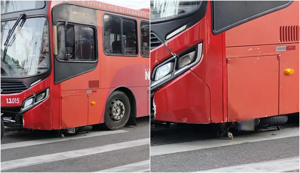 A moto envolvida no acidente foi parar embaixo do ônibus