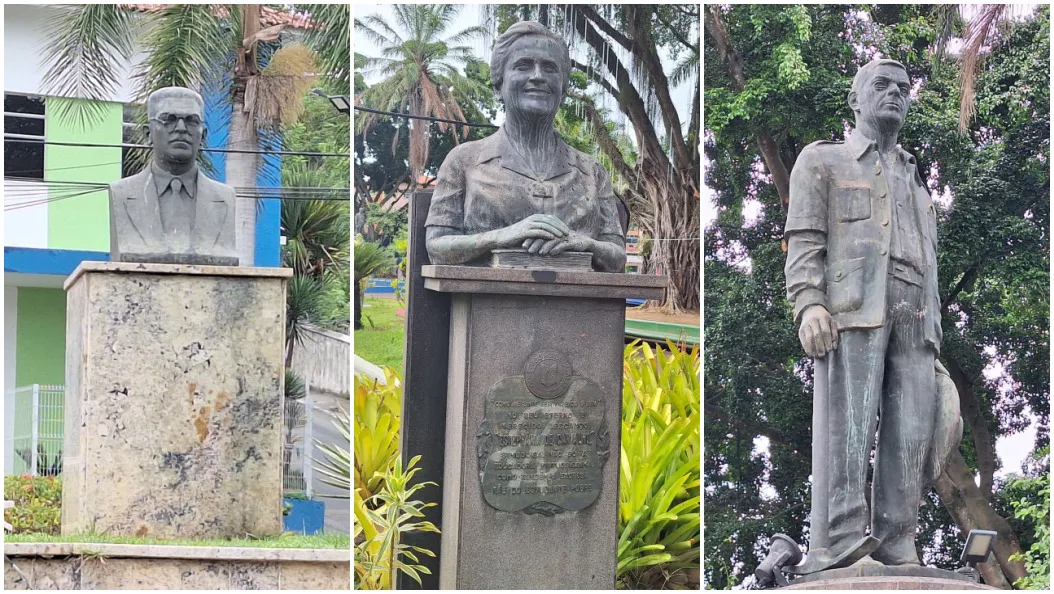 Esculturas em homenagem à Estephânia de Carvalho; Dr. Luiz Palmier e Joaquim de Almeida Lavoura