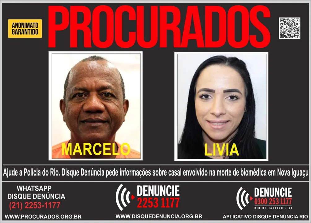Disque Denúncia divulgou cartaz pedindo ajuda da população sobre qualquer informação sobre Marcelo de Oliveira e Lívia Cardoso