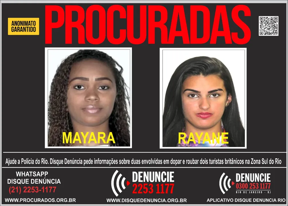 Polícia procura Mayara Ketelyn Américo da Silva e  Rayane Campos de Oliveira acusadas de aplicar o golpe "Boa noite, Cinderela" em dois turistas britânicos