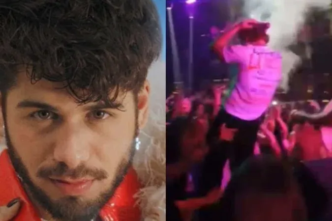 A reação do cantor foi dar um leve chute no ar, mas não chegou a atingir ninguém, pouco antes de voltar a fazer a performance naturalmente