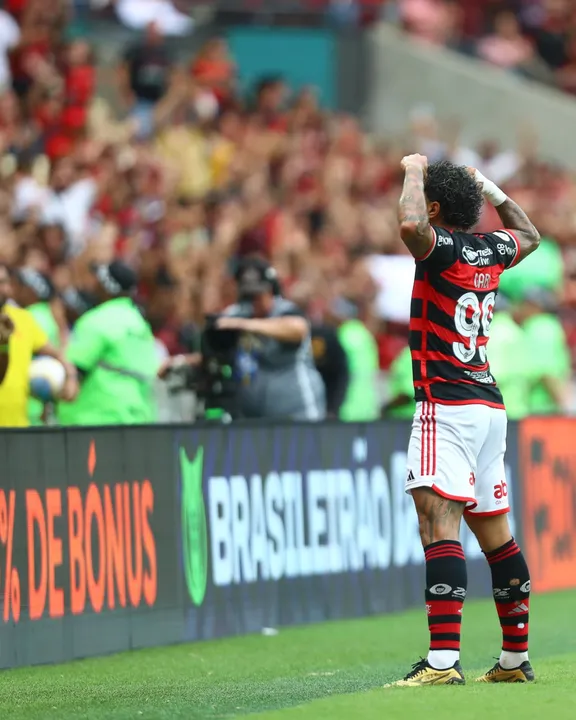 Gabigol festeja seu último gol pelo Flamengo em empate com o Vitória no Maracanã